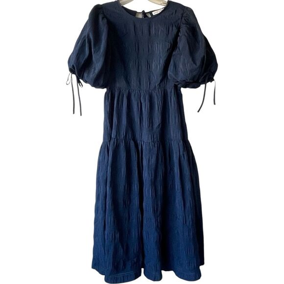 MOON RIVER Navy Blue Tiered Puff Sleeve Midi Dress - Size M - Picture 2 of 10